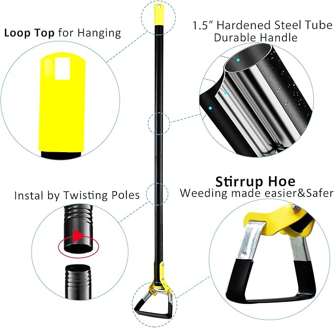 DonSail Gardening Tools Stirrup Hoe, Heavy Duty Steel Scuffle Action Hoe, Adjustable Garden Hoes for Weeding Long Handle 30-40 Inch
