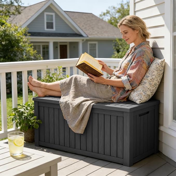 Outdoor Storage Box, Waterproof Deck Box, Outdoor Patio Storage Bin, Weatherproof (Black, 150 Gallon)