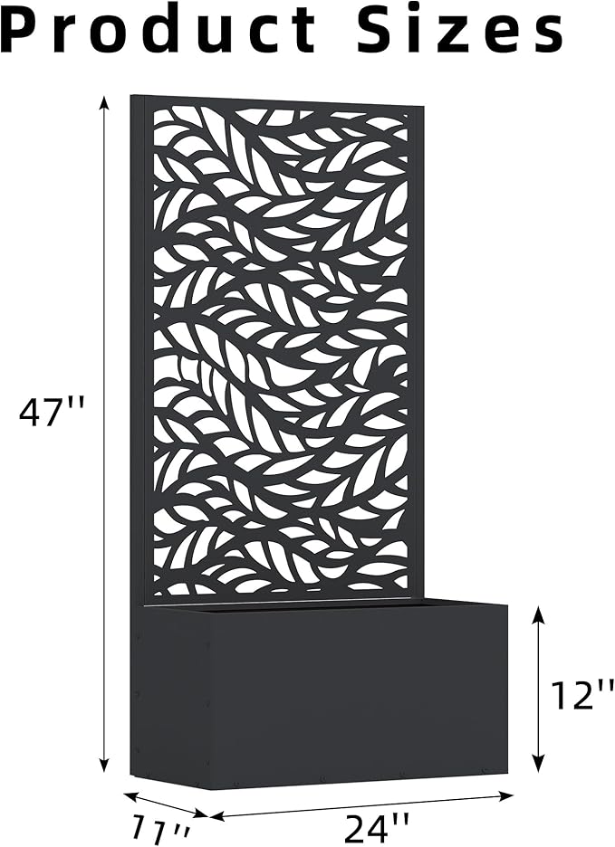 Casaphoria Metal Raised Garden Bed with Trellis, 47"x24"x12" Planter Box for Climbing Plants, Vegetables & Vines, Features Drainage Holes and Privacy Screen (Black-Spring)