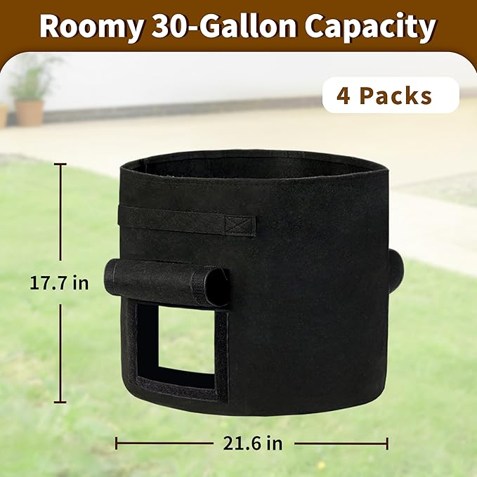 30 Gallon Potato Grow Bags 4-Pack with Dual Harvest Windows & Reinforced Handles, Non-Woven Fabric Planter for Potatoes, Tomatoes, Vegetables