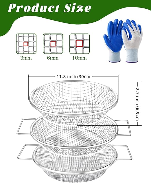 Soil Sifter for Gardening 3Pcs Compost Sifter 3 Mesh Sizes 1/8" 1/4" 3/8"Heavy Duty Dirt Sieve Fits 5 Gallon Buckets Garden Sifter with Handle for Rocks Dirt and Organic Material