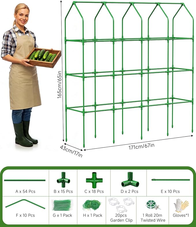 Cucumber Trellis with Grow Bag for Raised Bed, Garden Trellis for Climbing Plants Outdoor ((67 * 17 * 65inch(L*W*H), Trellis)