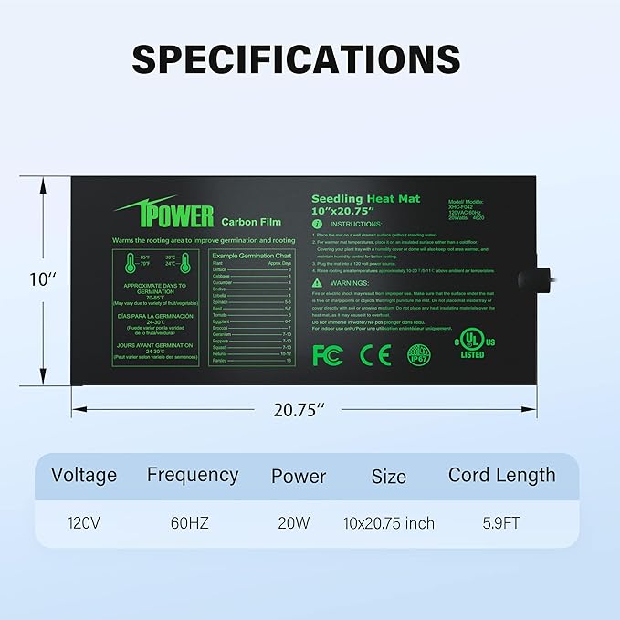 iPower 10" x 20.75" Seeding Heat Mat Upgraded Carbon Film Indoor Warm Waterproof Plant Germination Starting Pad, Black