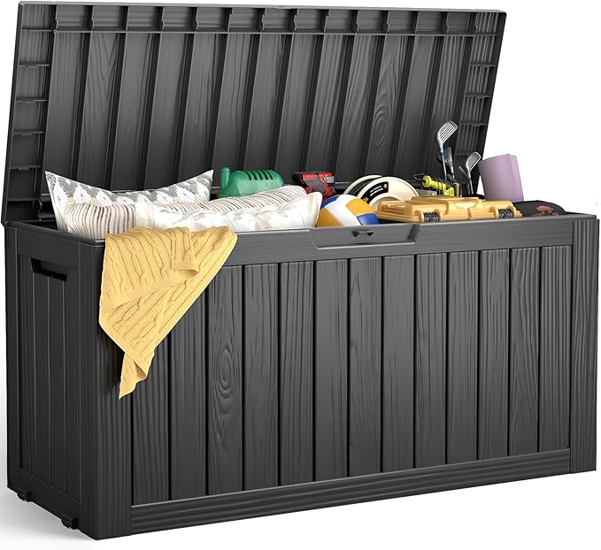 Outdoor Storage Box, 75 Gallon Deck Box Waterproof, Resin Patio Storage Bin for Package Delivery, Patio Furniture Cushion, Garden Tools, Pool Accessories, Weatherproof, Black