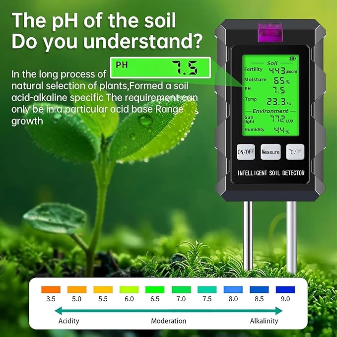6-in-1 Soil Moisture Meter, 2026 Dual Probe Soil Tester, Moisture/pH/Temperature/Sunlight/Air Humidity/Fertility, Perfect for Farming, Gardening, Lawns, Outdoor (2*AAA Battery Needed)
