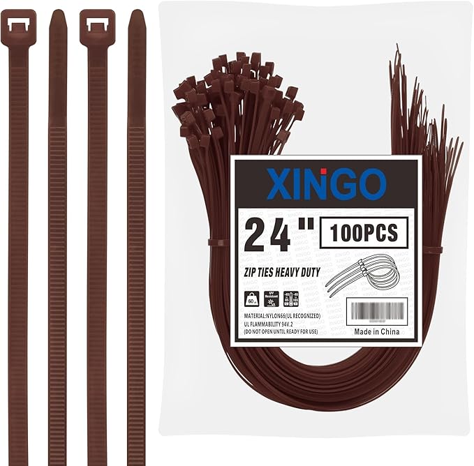 XINGO 24 inch Brown Zip Ties Heavy Duty (100 Pack), Black, 60lb Tensile Strength, UV Resistant Cable Ties for indoor and outdoor use