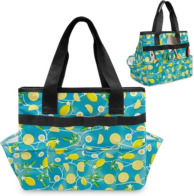 Lemon Daisy Garden Tool Bag Portable Gardening Tool Organizer Bag with 10 Pockets and Handle Tool Carrier and Storage for Garden Lawn Yard Casual Camp