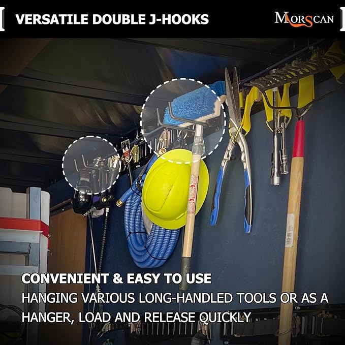 4-Pack Heavy-Duty E-Track Double J Hooks with Extra Rubberized Dip-Coating - Steel Tool Hanger for Long Handled Tools, Trailers & Garden Storage