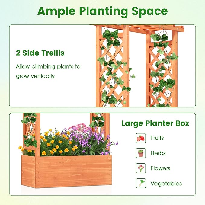 HAPPYGRILL Raised Garden Bed with Trellis, Wood Elevated Garden Bed with Hanging Roof, Planter Box, Drainage Holes for Climbing Plants, Flowers, Vegetables, 31" L x 14" W x 60" H