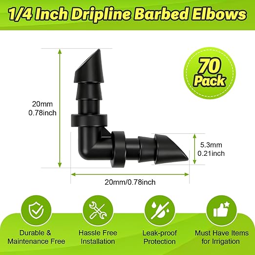70 Pack 1/4" Drip Irrigation Elbow Fittings：1/4'' Drip Line Double Barbed 90 Degree Elbow Connectors for 1/4 Inch Irrigation Tubing Plastic Micro Fittings for Garden Drip Systems