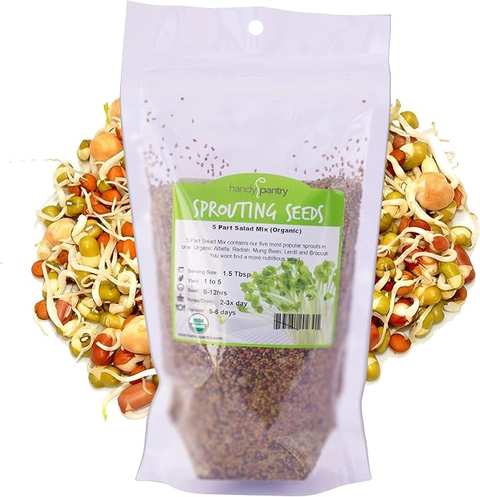 Handy Pantry Organic Salad Sprouting & Microgreens Mix – 16 Oz – Non-GMO, High-Germination Blend of Alfalfa, Broccoli, Lentil, Mung Bean & Radish Seed – Fresh, Crisp Sprouts & Nutritious Micro Green