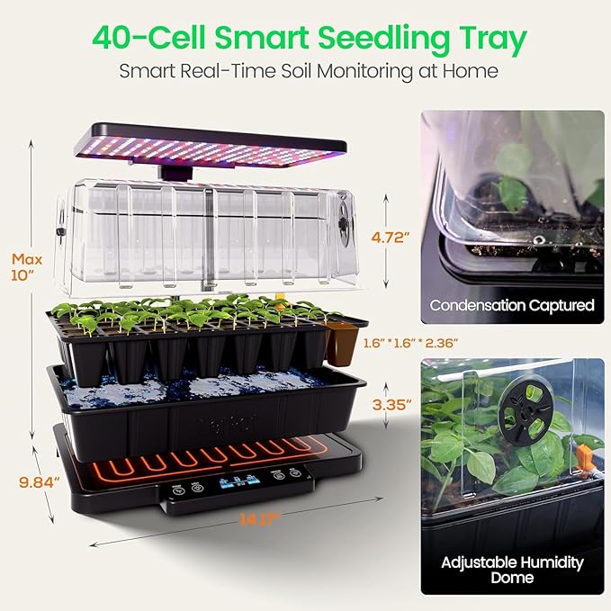 LETPOT Smart Seed Starter Kit with Humidity Dome, Waterproof Seedling Mat & 24W Full-Spectrum LED Grow Light – Smart Heating Base, Soil EC Sensor & App Control for Indoor Germination