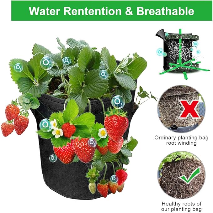 GOTGELIF 10 Gallon Strawberry Grow Bags 2-Pack, Thickened Nonwoven Grow Pots with 8 Pockets & Reinforced Handles for Strawberries, Tomatoes, Peppers, Herbs, Flowers