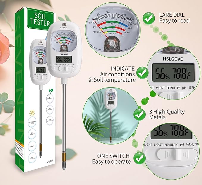 HSLGOVE Soil Test Kit, 7-in-One Soil Moisture Meter/Soil PH Meter/Fertility, Dual Screen Soil Tester w/Digital Soil Temp/Air Temp&Humidity for Plants Gardening,Lawn,Farm Indoor&Outdoor-Snow White
