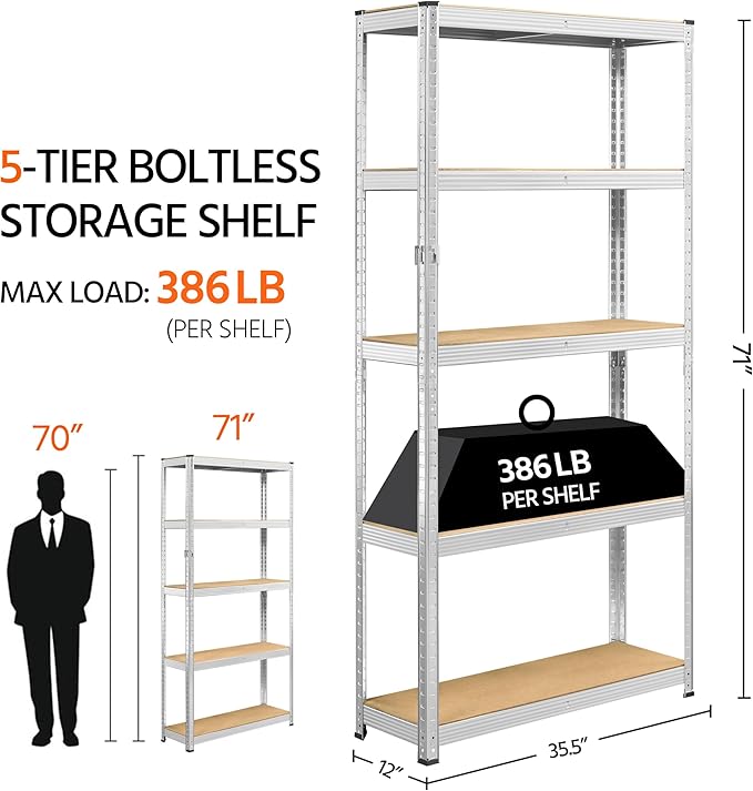 Yaheetech Storage Shelves, 5 Tier Heavy Duty Adjustable Metal Shelving Unit, Industrial Utility Rack for Garage Warehouse Pantry Closet (35.5 W× 12 D × 71 H Inches, Silver)