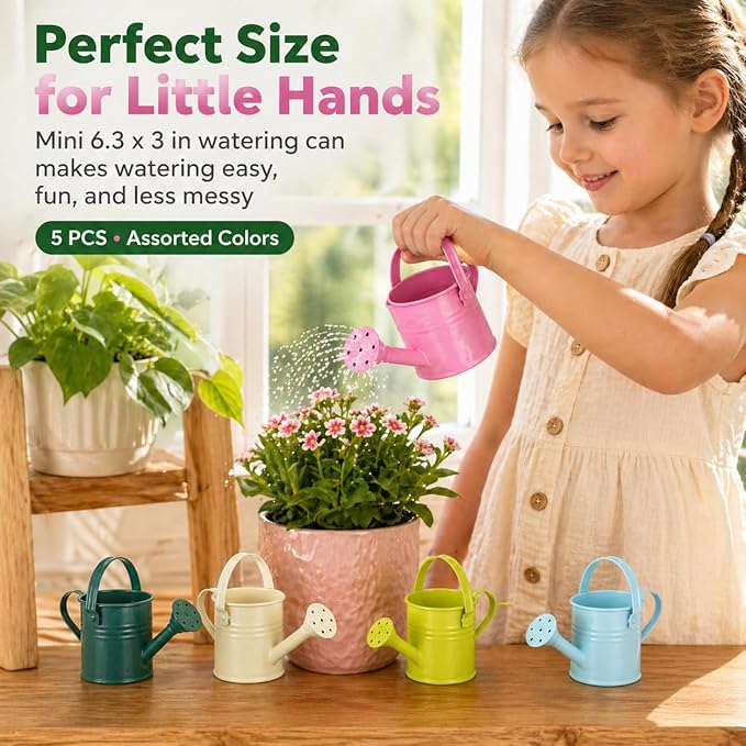 DECHOUS 5Pcs Small Metal Watering Can for Kids - 6.3x3 Inch Mini Flower Watering Pot for Indoor Plants, Assorted Colors, Small Sprinkling Kettle for Home Garden Outdoor