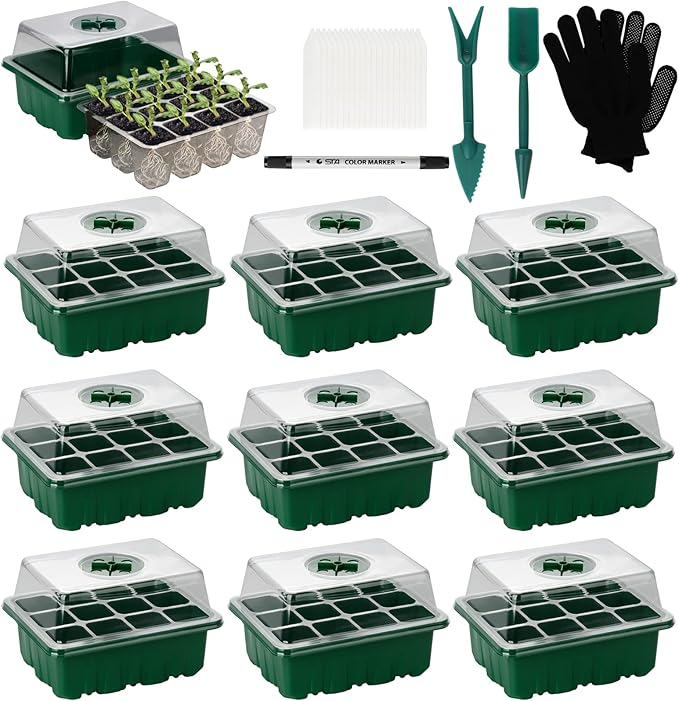 10 Pack Seed Starter Trays Seedling Tray, 120 Cells Humidity Adjustable Seed Starter Kit with Dome & Base, Greenhouse Germination Grow Trays Mini Propagator for Seeds Growing Starting