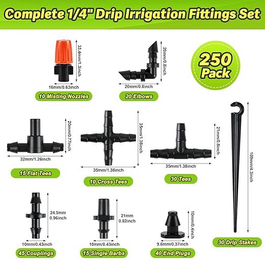 250 Pcs 1/4 Inch Drip Irrigation Fittings Kit, Complete Barbed Connectors Set for 1/4" Tubing - Includes Nozzles, Nozzle Tees, Single Barbs, Couplings, Tees, Elbows, Plugs, Crosses, Stakes