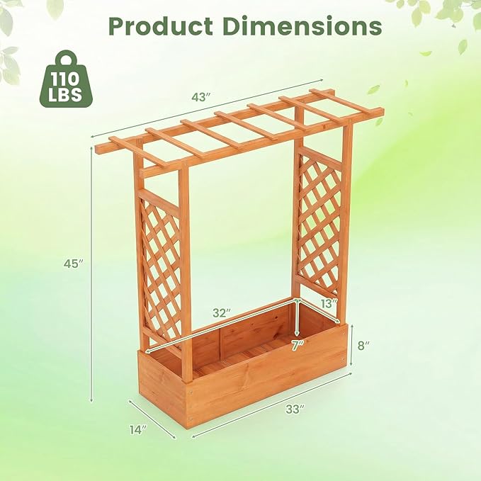 Raised Garden Bed with Trellis, Wood Planter Box w/Trellis, Hanging Roof, Drainage Holes, Freestanding Planter Raised Bed for Outdoor Climbing Plants Flowers, Patio Yard Balcony (1, Orange)
