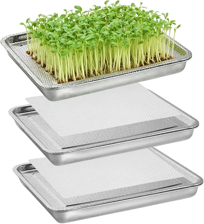 Stainless Steel Sprouting Trays -3pack, Seed Sprouter Growing Tray Microgreens Growing Kit, Plant Germination Tray with Filter Pad Mesh Mat ,Bean Sprout Grower for Beans Broccoli Alfalfa Wheat Grass