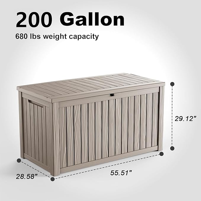 PatioZen 200 Gallon Deck Box,Resin Outdoor Storage Box with Lockable for Patio Furniture, Garden Tools Waterproof Outside Storage Box, Grey