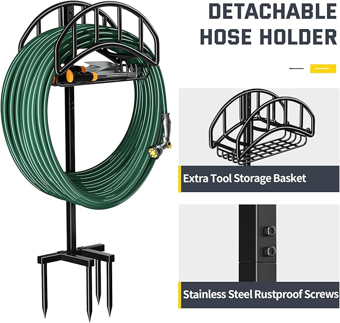Kesfitt Garden Hose Holder Stand with Tool Storage Basket & 4 Spikes, Detachable Heavy Duty Metal Freestanding Outdoor Organizer for Lawn Yard Water Storage Rack