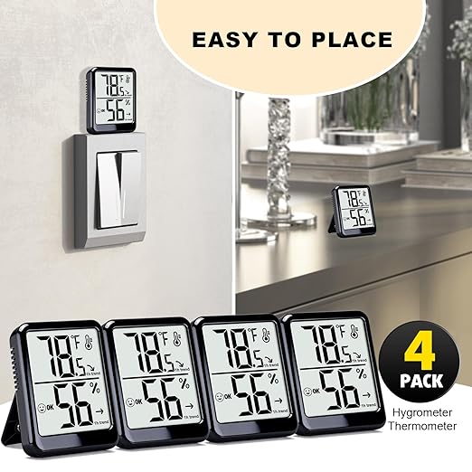 4-Pack Room Thermometer Indoor Hygrometer, Small Digital Temperature and Humidity Monitor Sensor, Temperature Humidity Gauge Meter for Home Baby Room, Plants, Pets - AAA Battery Included