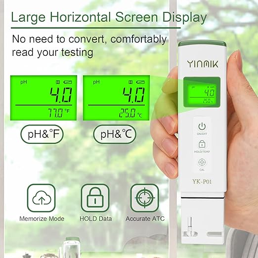 YINMIK YK-P01 pH Tester Digital pH Meter for Water Hydroponics, Accurate pH Temp Meter with ATC for Pool, Spa, Hot Tub, Indoor Plants, Drinking Water, Wine Beer Home Brewing, Aquarium