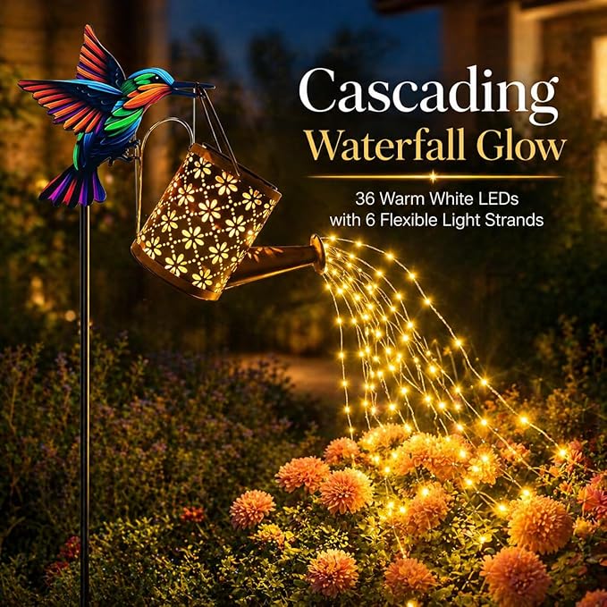 SSQPVEH Solar Watering Can Lights Outdoor, 30.7-Inch Metal Garden Stake Light with Hummingbird Hook, 36 LED Cascading Warm White Waterfall Light for Yard, Lawn, Patio, Garden Decor Gift for Mom