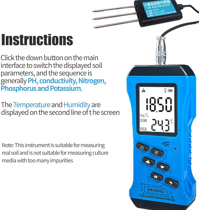 7 in 1 Soil Tester, Digital PH Moisture Nutrient Conductivity EC Meter, High Accuracy NPK Fertility Test for Gardening