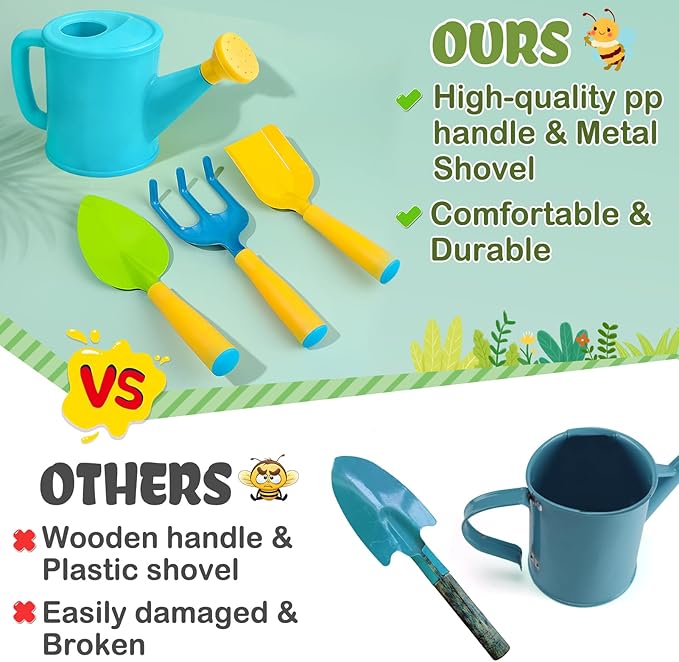Biubee Kids Gardening Tools Set - Sturdy Kids Watering Can Toy Toddler Children's Gardening Kit Set with Metal Shovel Hand Rake Gloves for Girls Boys Birthday Gift Outdoor Beach Sand, Cyan