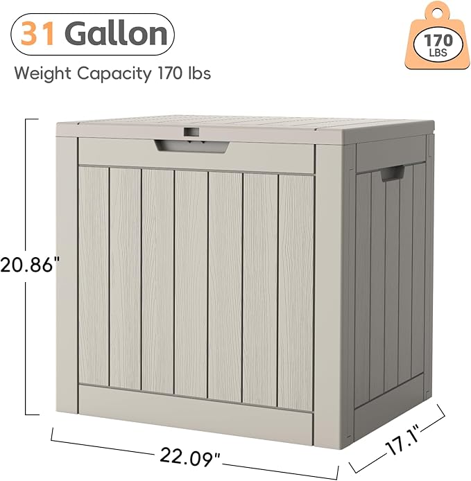 Outdoor Storage Box, Waterproof Deck Box, Outdoor Patio Storage Bin, Weatherproof (Grey, 31 Gallon)
