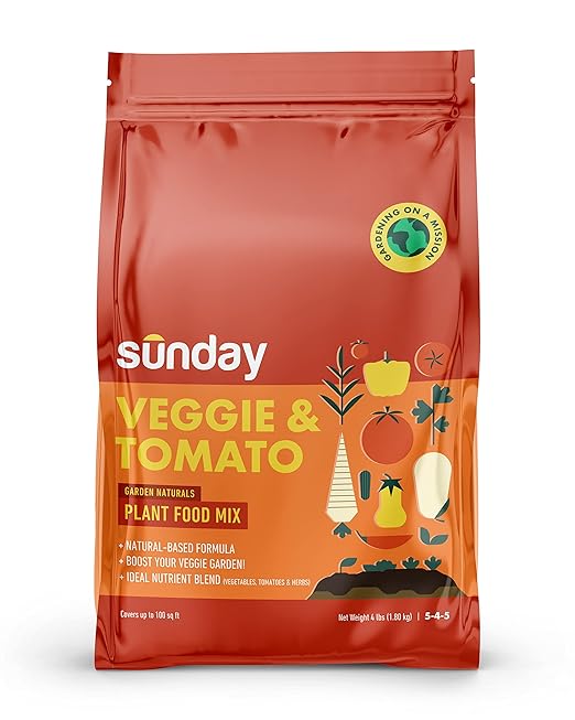 Sunday Garden Naturals Veggie + Tomato Plant Food Mix - Boost Growth in Vegetables, Tomatoes & Herbs - 5-4-5 NPK Mix - for Indoor & Outdoor Use - Feeds for 4-6 Weeks, Use While Planting! 4 lb. Mix