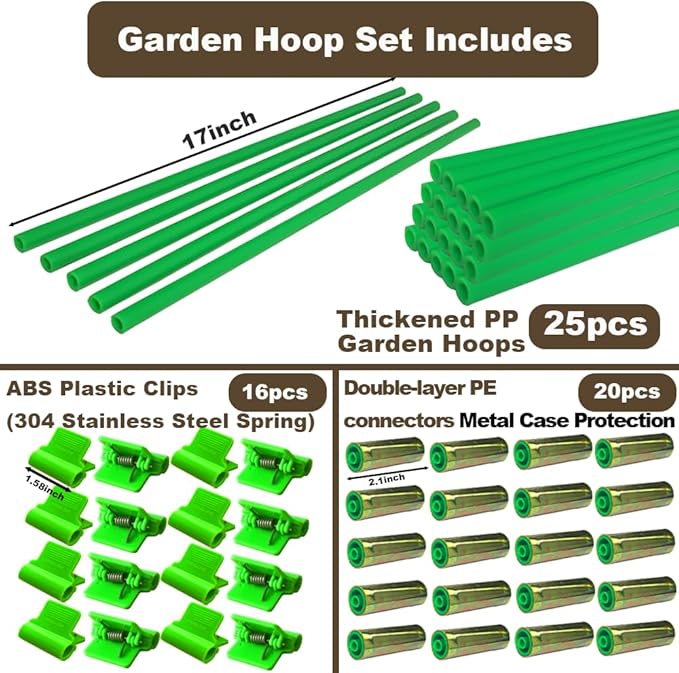 Greenhouse Hoops Set for DIY Grow Tunnel，Metal Connectors Thickened High Tenacity PP Dark Green Garden Hoops for Row Cover，Raised beds，DIY Plant Support Garden Stakes, 25pcs