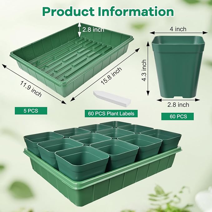 June Fox 60 Pcs Square Nursery Pots for Plants, 5 Pcs Seed Starter Tray Kit, Small Seedling Pots 4 Inch with 60 Plant Tags, Seedling Trays (Green)