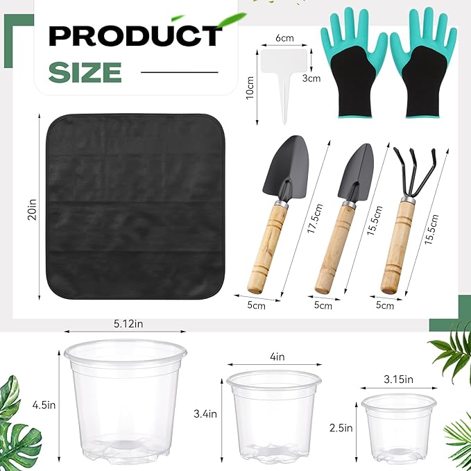 83 Pcs Garden Supplies Tools Kit, 3/4/5 Inch Clear Plastic Plant Pots with Transplanting Mat, Trowel Cultivator Rake Set, Label & Glove, Succulent Tools Gift for Plant Lovers Accessory