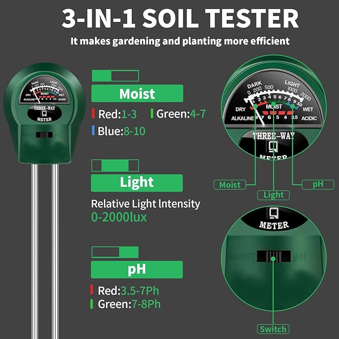 2 PCS 3-in-1 Soil Test Kit No Battery Needed with Digital Moisture pH Light Tester for Garden Lawn Farm Indoor Outdoor Plants Houseplants