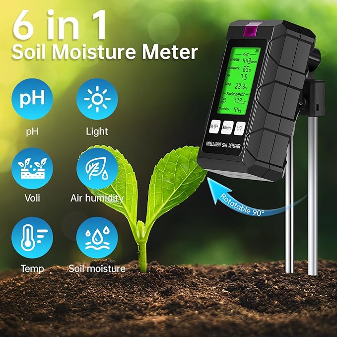 Soil Tester for 2026, 6-in-1 Soil Meter with Dual Probe, Testing Moisture/pH/Temp/Sunlight/Air Humidity/Fertility, Perfect for Farming, Gardening, Lawns, Outdoor (2*AAA Battery Needed) -NEW Patent