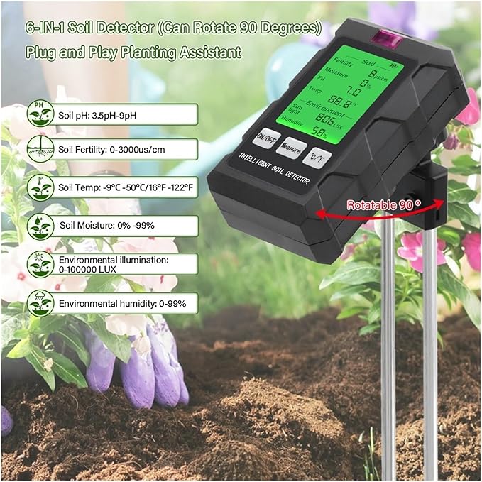 Soil PH Tester,Digital Soil Tester PH/Fertility/Moisture/Sunlight/Air Humidity/Temp Soil PH Meter for Gardening for Garden,and House/Outdoor Plants