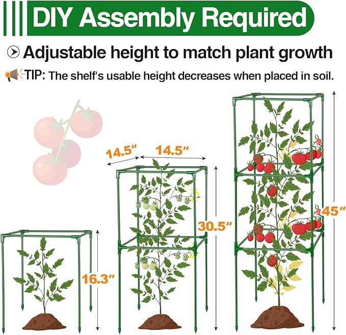 Sturdy Tomato Cage for Garden - 45x14.5x14.5in Easy to Assemble Square Tomato Plant Support Poles, Heavy Duty Metal Plant Tower Stakes Cucumber Trellis for Climbing Vegetable Flowers Fruits, 3 Pack