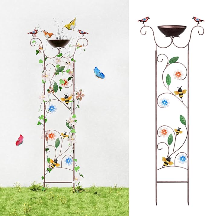 Bird Bath for Outside - Antique Iron Bird Bath with Trellis,Detachable Decorative Hummingbird Bowl,Metal Plant Support for Climbing Flowers,Elegant Outdoor Garden Feature (Honeybee)