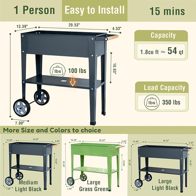 Raised Garden Bed Outdoor with Wheels, Leg and Wooden Handle, 29.5x13.4x32.3in, 350lb Cap, Metal Elevated Raised Planter Box for Herb, Vegetable, Perfect for Backyard, Balcony, Light Black