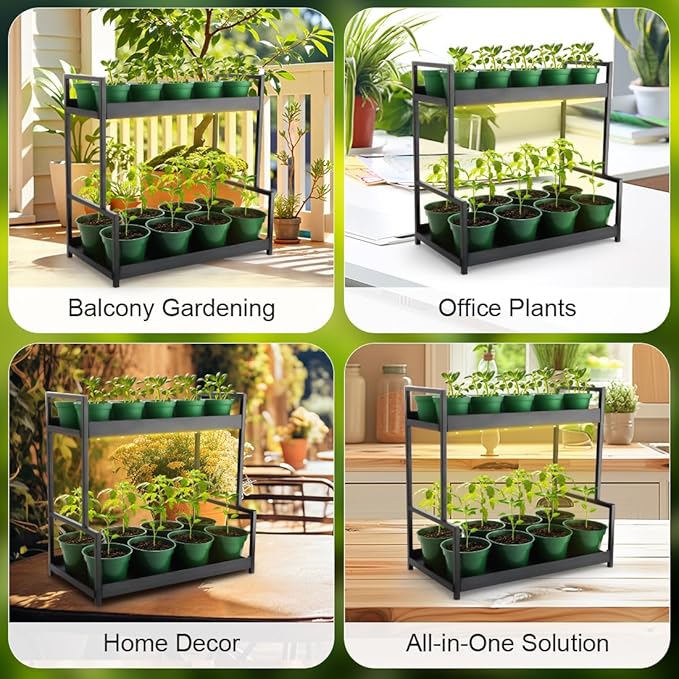 RooTrimmer 2-Pack Dual Tier Plant Stand with Grow Light and Green Plastic Nursery Pots for Plants, Indoor Gardening Kit for Herbs, Succulents, Seedlings & Small Plants Gardening Gifts