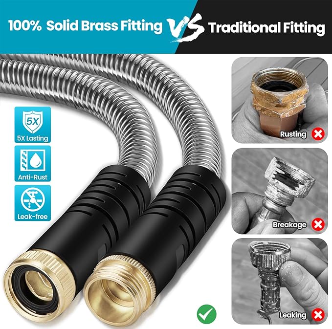LINODI Metal Garden Hose, 50ft Stainless Steel Garden Hose – 3/4" GHT Solid Brass Connectors – Heavy Duty Flexible Metal Water Hose with 10-Way Spray Nozzle – Kink-Free Watering Kit