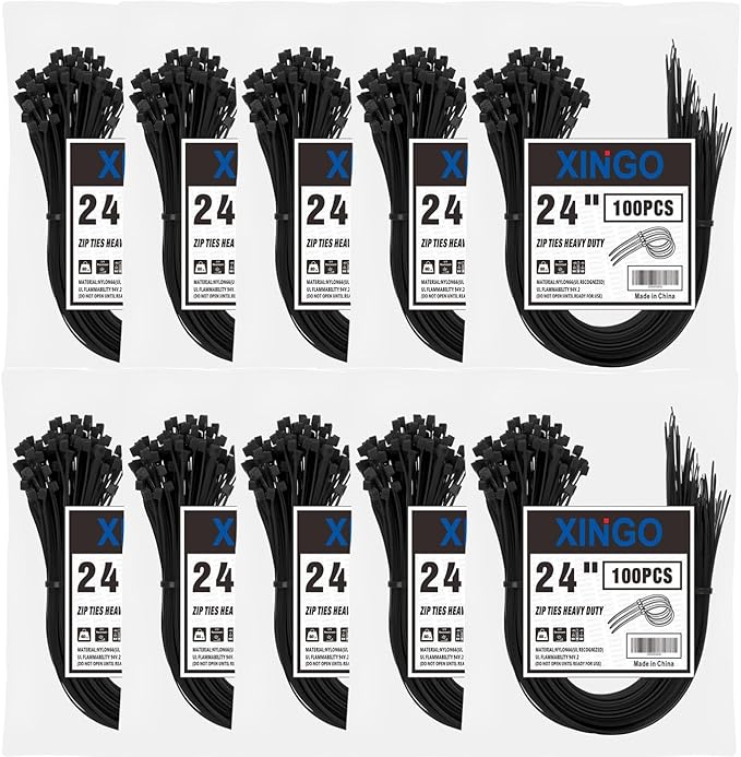 XINGO 1000 PCS 24 Inch Black Zip Ties Heavy Duty, 60lb Tensile Strength, UV Resistant Cable Ties for indoor and outdoor use