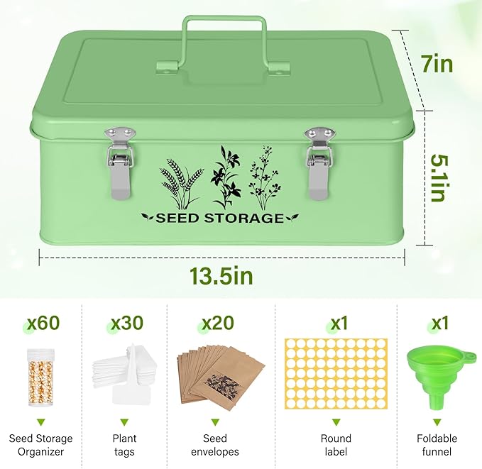 Seed Storage Box Organizer - Metal Garden Seed Storage Container Kit with 60 Vials, 30 Plant Tags, 20 Envelopes, Funnel & Labels - Moisture-Proof Seed Bank for Long Term Storage