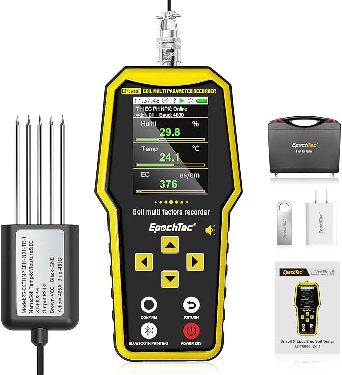 7 in 1 Soil Tester, ±1% High Precision Digital NPK Tester with Soil PH Meter/Moisture/Temperature/EC Monitor, Soil Test Kit for Geological Survey, Agriculture, Plant with Data Storage &Export