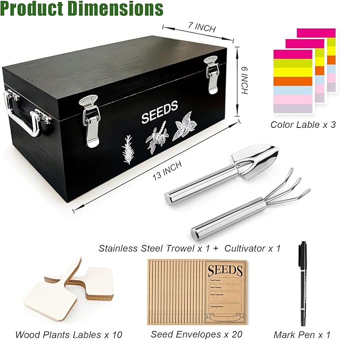 Natural Bamboo Seed Storage Organizer Box – Large Seeds Saver Kit Included Stainless Steel Garden Tools, 20 Seed Envelopes, 10 Wooden Plant Labels, Mark Pen & 3 Color Stickers