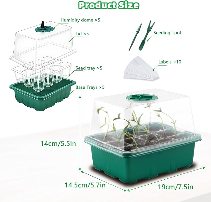 5Sets Seed Starter Tray with Grow Light, Elevated Seedling Starter Trays Kits with Adjustable Humidity Domes and Clear Cell Tray for Greenhouse Seeds Growing Starting