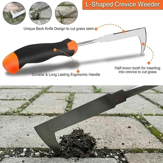 Weed Puller Tool, 3 Pack Hand Weeder Tool, Stainless Steel Dandelion Remover for Lawn Care, 4 Teeth Manual Crack Weeder for Garden, Flower Beds, Patio, L-Shaped Weeding Tool with Ergonomic Handle